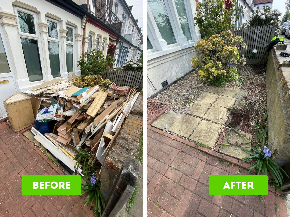 a large pile of rubbish and debris cleared from the front of a customers house in Maldon. Collected same day, freeing up space and removing a major eye sore. The job was handled efficiently and tidily by CBW. Licensed and insured waste clearance professionals in Maldon.